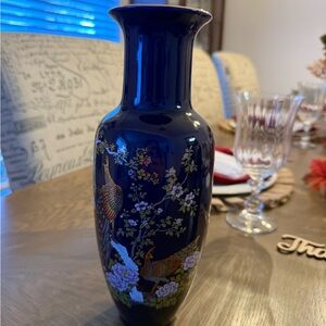 Japanese Peacock & Floral Vase Cobalt Blue Vase, Vintage Decor